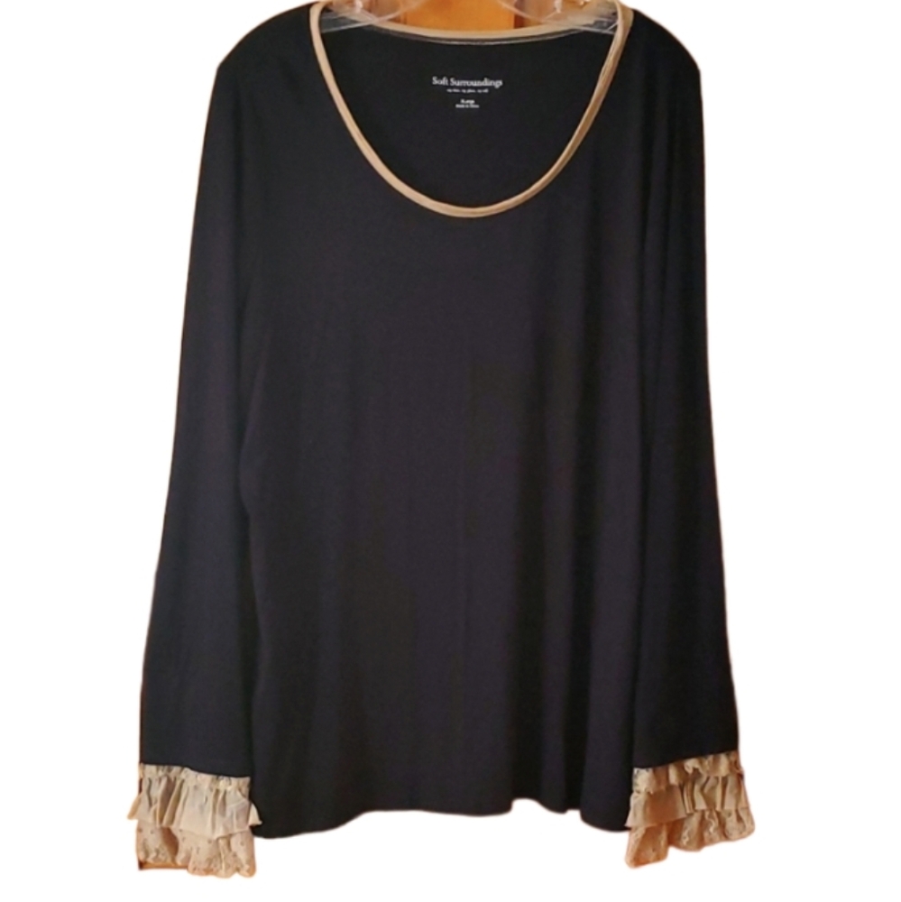 Soft Surroundings Womans Black‎ & Champagne Ruffle Lace Long Sleeve Top Size XL